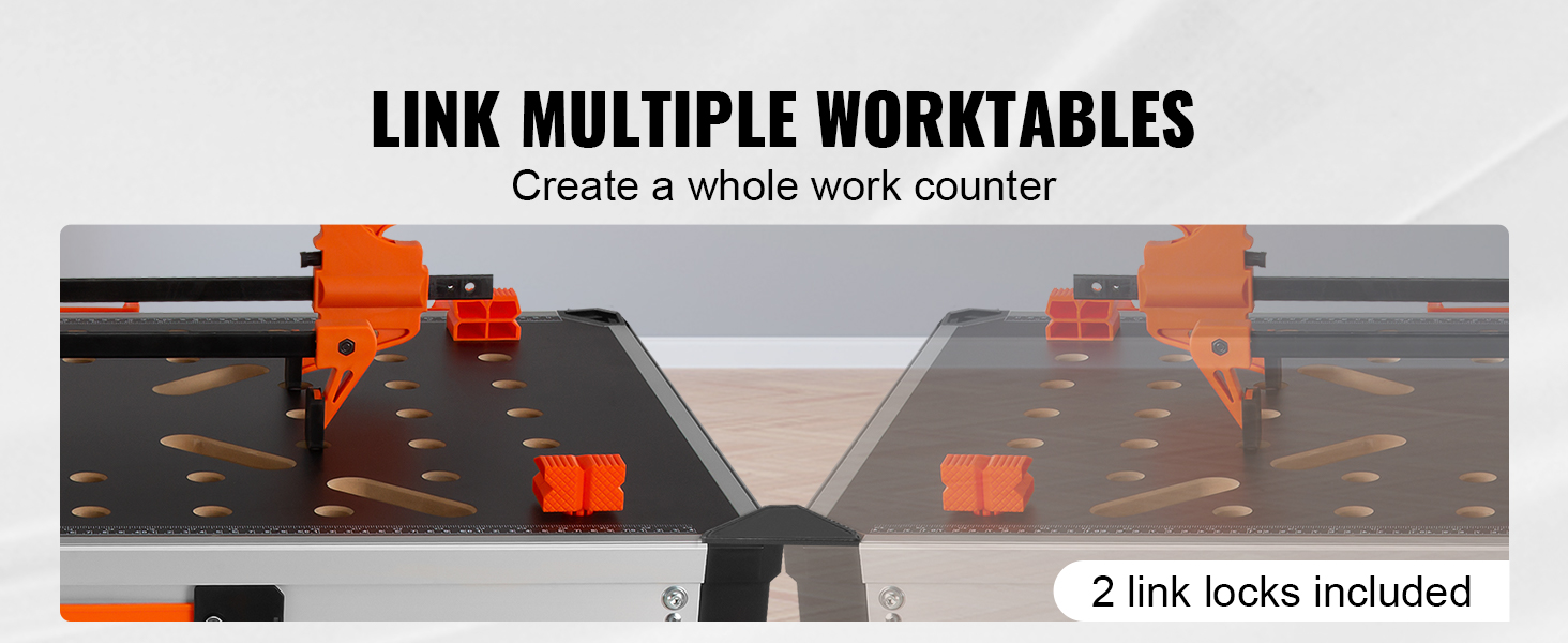 VEVOR folding work table with link locks for connecting multiple worktables into a larger work counter.