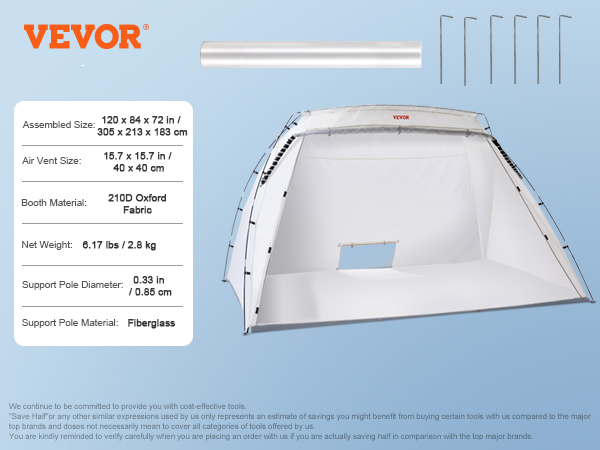 VEVOR portable paint booth: 210d oxford fabric, fiberglass poles, 120x84x72 inches, 6.17 lbs weight.
