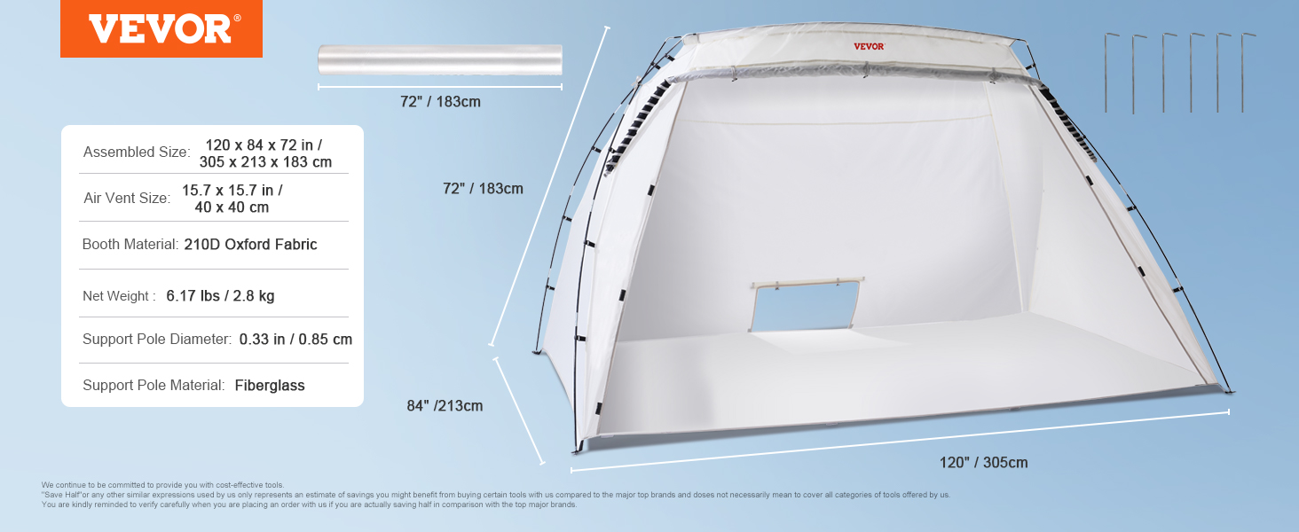VEVOR portable paint booth: 210d oxford fabric, fiberglass poles, 120x84x72 inches, 6.17 lbs weight.