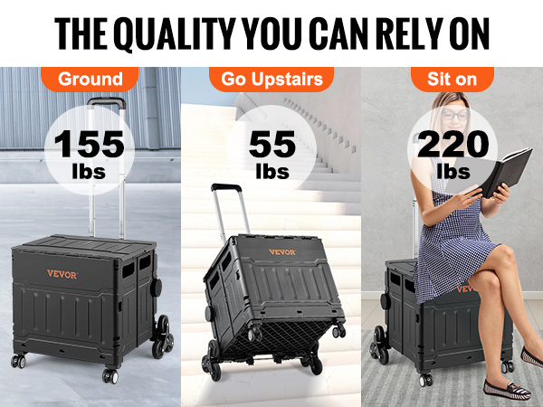 VEVOR stair climbing cart: 155 lbs on ground, 55 lbs upstairs, and 220 lbs seating capacity.