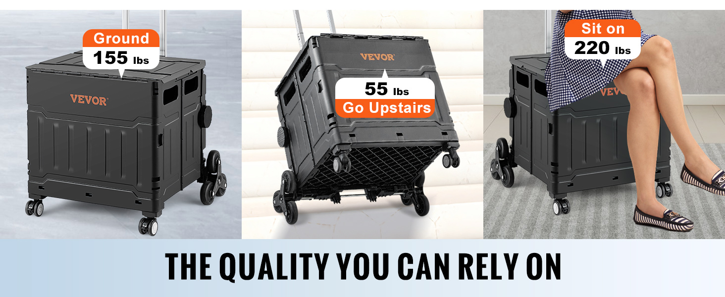 VEVOR stair climbing cart: 155 lbs on ground, 55 lbs upstairs, and 220 lbs seating capacity.