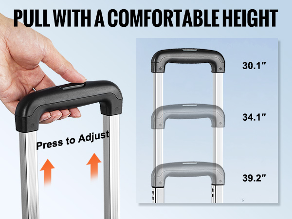 adjustable handle heights for VEVOR stair climbing cart; level 1: 30.1in, level 2: 34.1in, level 3: 39.2in.