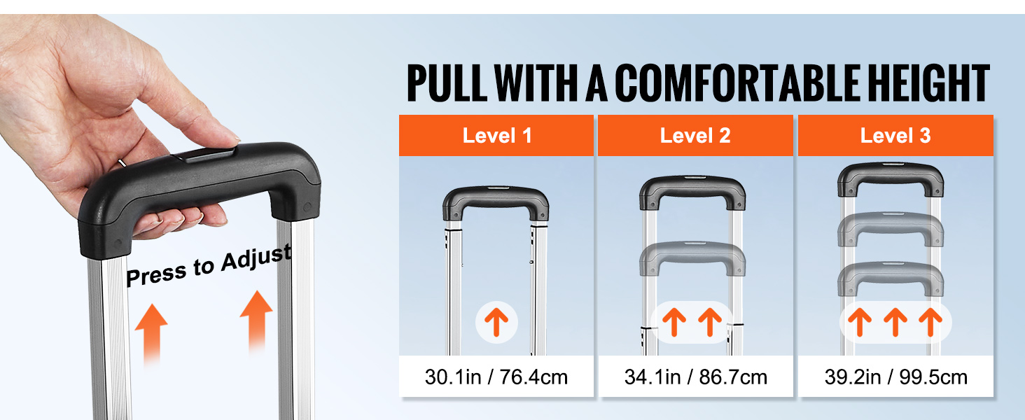 adjustable handle heights for VEVOR stair climbing cart; level 1: 30.1in, level 2: 34.1in, level 3: 39.2in.