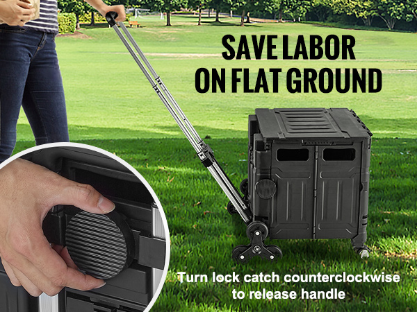 person using VEVOR stair climbing cart on grass, close-up of turn lock catch, caption "save labor on flat ground".
