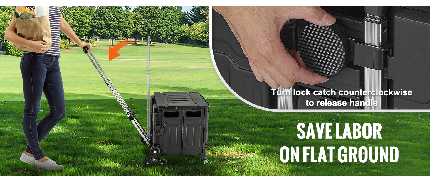 person using VEVOR stair climbing cart on grass, close-up of turn lock catch, caption "save labor on flat ground".