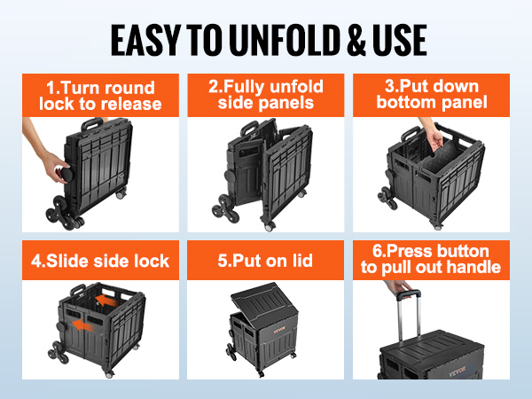 VEVOR stair climbing cart assembly steps: release lock, unfold panels, set bottom, slide lock, lid, handle.