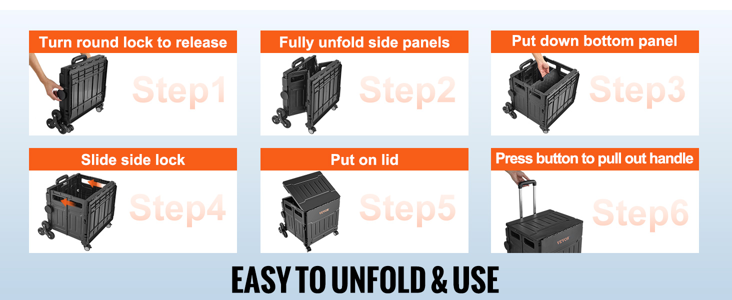 VEVOR stair climbing cart assembly steps: release lock, unfold panels, set bottom, slide lock, lid, handle.