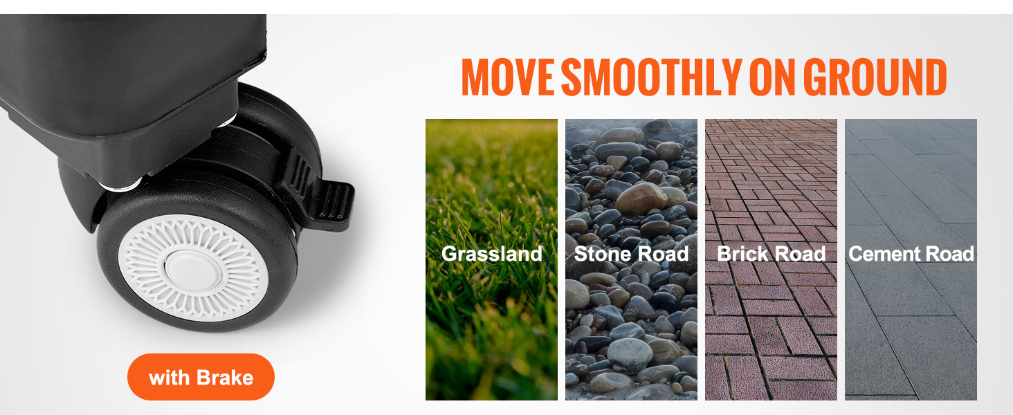 VEVOR stair climbing cart wheel with brake, showcasing smooth movement on grassland, stone, brick, and cement roads.