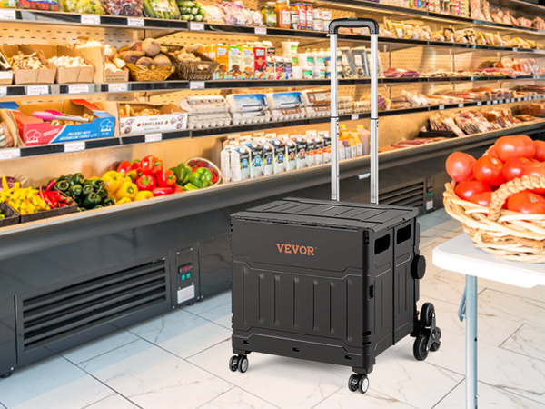 VEVOR stair climbing cart in grocery store aisle with fresh produce and shelves stocked with goods.