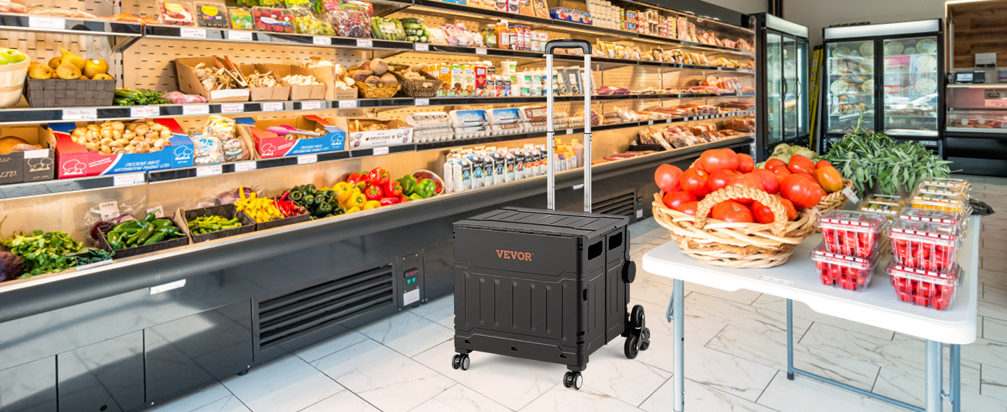 VEVOR stair climbing cart in grocery store aisle with fresh produce and shelves stocked with goods.