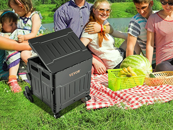 family picnic by a lake with VEVOR stair climbing cart, food baskets, and watermelon on a checkered blanket.