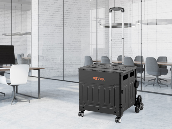modern office with VEVOR stair climbing cart in foreground, surrounded by sleek workstations and glass walls.