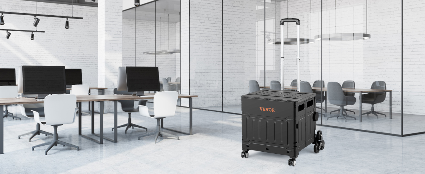 modern office with VEVOR stair climbing cart in foreground, surrounded by sleek workstations and glass walls.