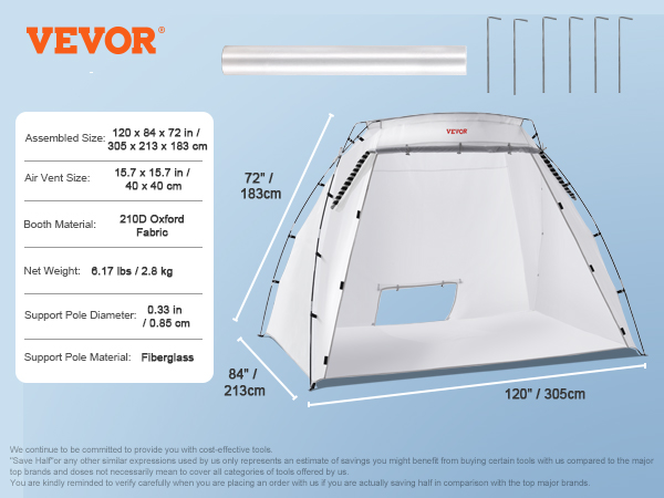 VEVOR portable paint booth with 89.8x62.2x62.2 in dimensions, fiberglass poles, and oxford fabric construction.