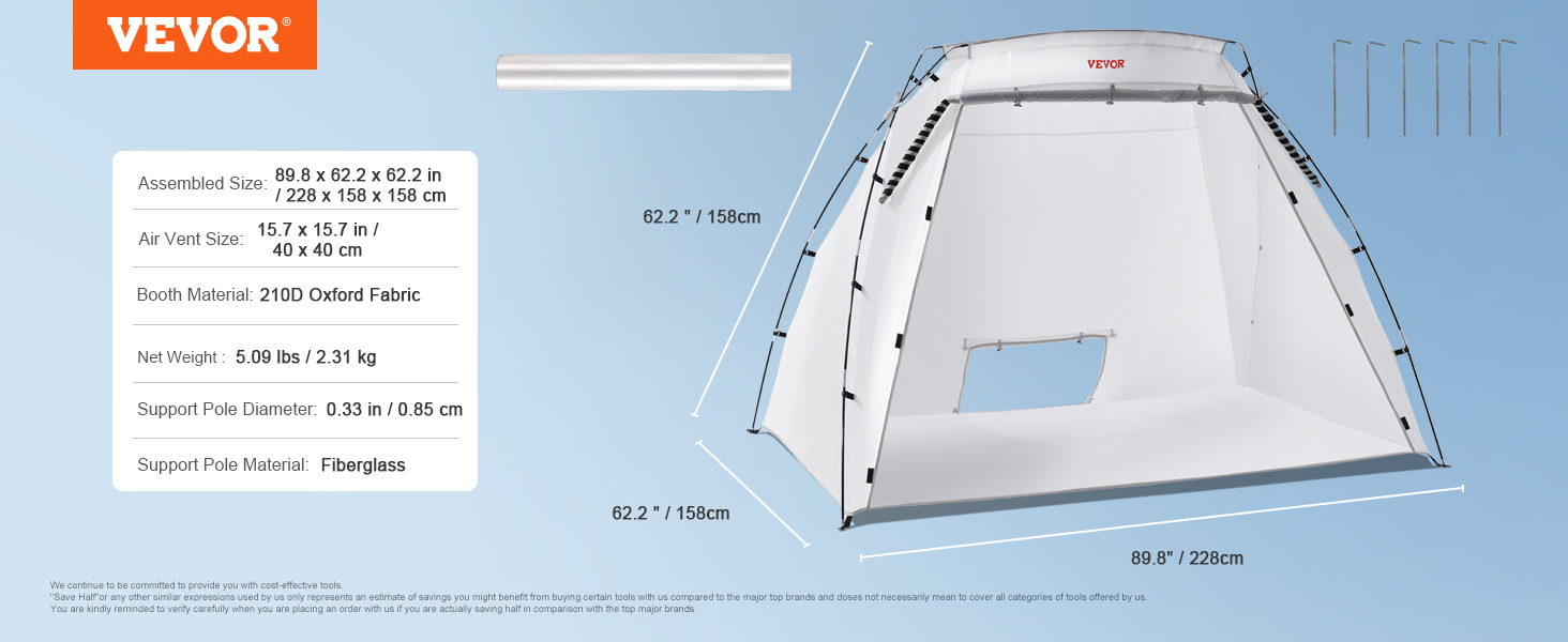 VEVOR portable paint booth with 89.8x62.2x62.2 in dimensions, fiberglass poles, and oxford fabric construction.