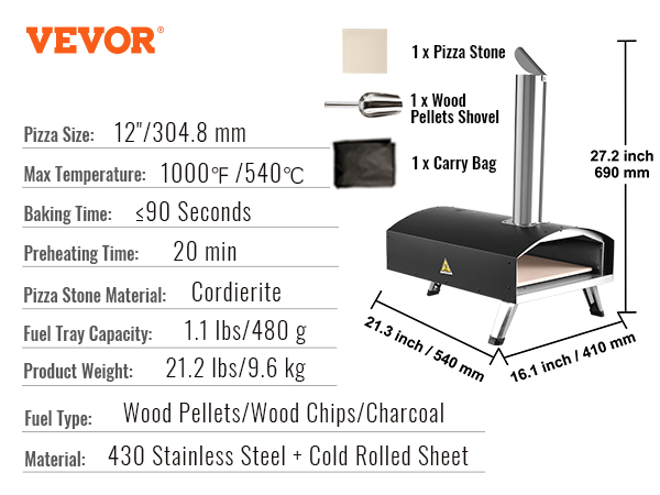 VEVOR outdoor oven dimensions and features: fits 12" pizza, heats up to 1000°f, and includes pizza stone and shovel.