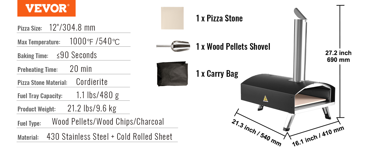 VEVOR outdoor oven dimensions and features: fits 12" pizza, heats up to 1000°f, and includes pizza stone and shovel.