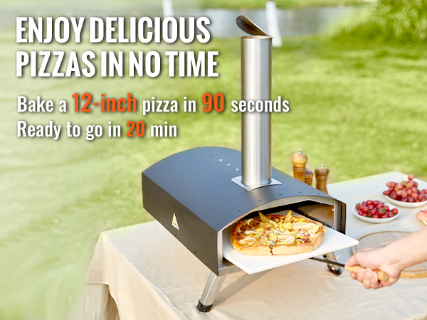 В уличной печи VEVOR выпекается 12-дюймовая пицца с начинкой на кожуре, готовая к приготовлению в саду.