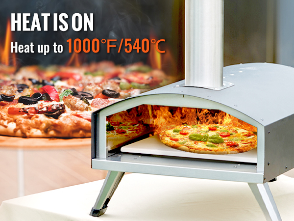 Уличная печь VEVOR с подсветкой для пиццы, пламени и индикатора нагрева до 1000 ° f / 540 ° c на заднем плане.