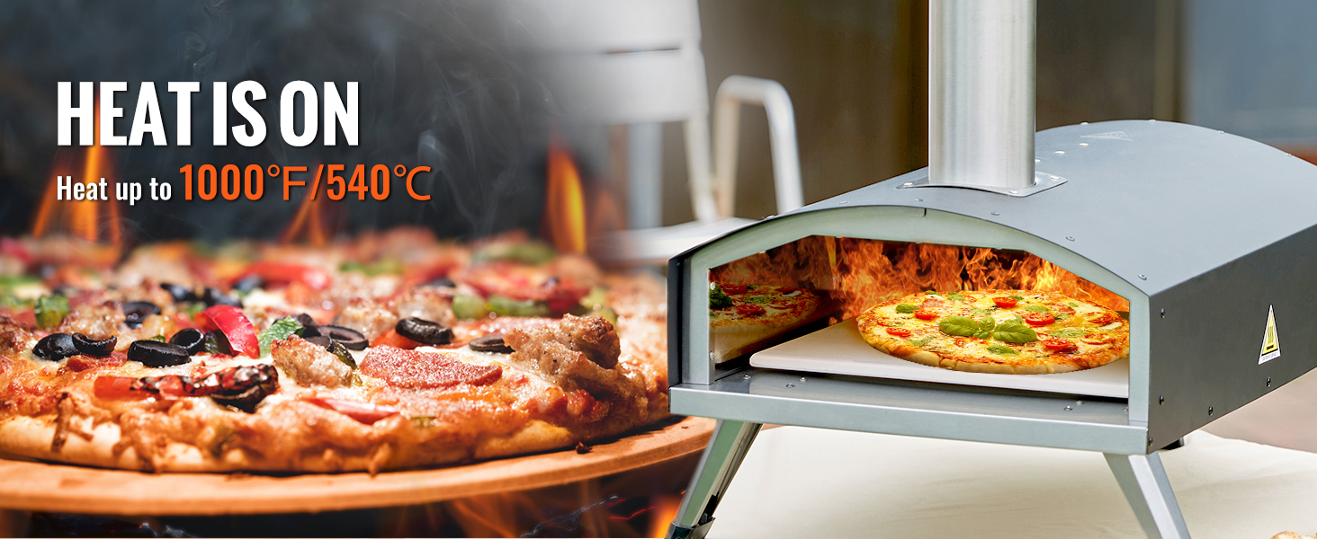 Уличная печь VEVOR с подсветкой для пиццы, пламени и индикатора нагрева до 1000 ° f / 540 ° c на заднем плане.