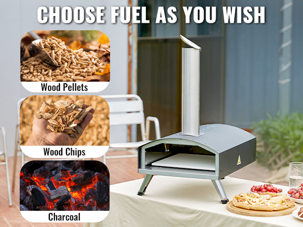 Уличная печь VEVOR на древесных гранулах, щепе или древесном угле; пицца и виноград на соседнем столе.