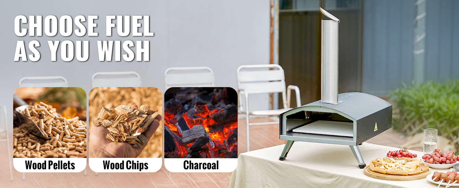Уличная печь VEVOR на древесных гранулах, щепе или древесном угле; пицца и виноград на соседнем столе.