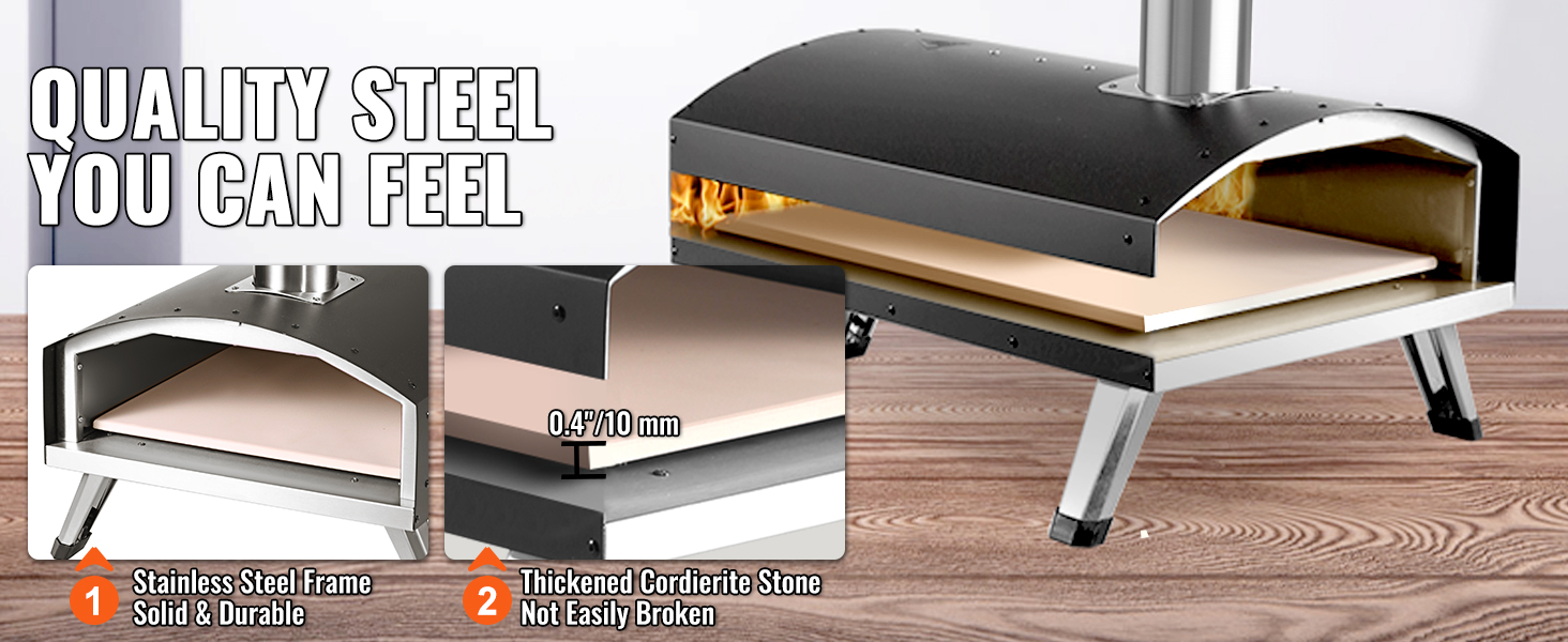 Уличная печь VEVOR с утолщенным кордиеритовым камнем и каркасом из нержавеющей стали на деревянной поверхности.