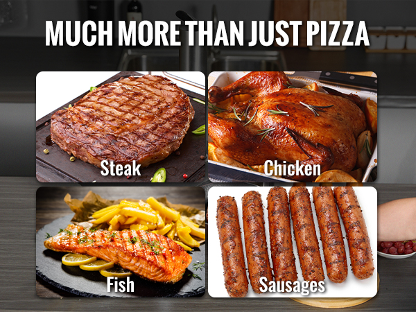 VEVOR outdoor oven cooking pizza, steak, chicken, fish, and sausages, with text 