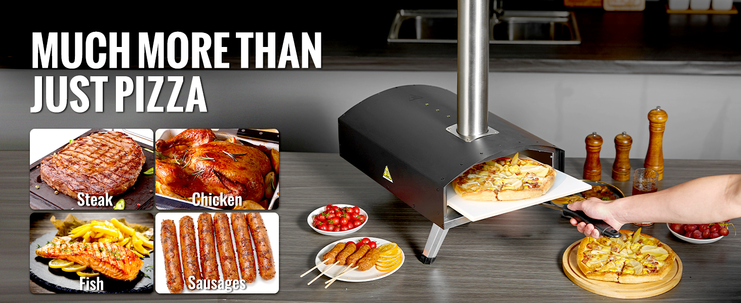 VEVOR outdoor oven cooking pizza, steak, chicken, fish, and sausages, with text 
