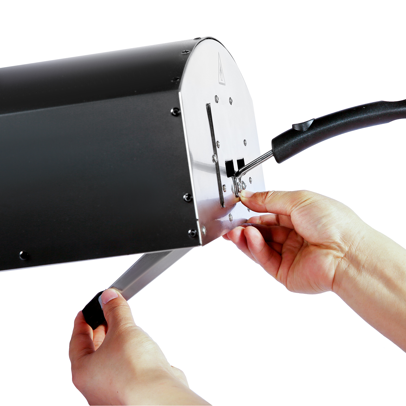 hands adjusting the handle on a VEVOR outdoor oven, showcasing its easy assembly and durability.