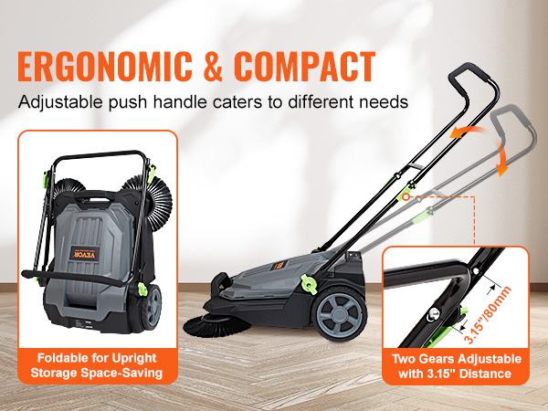 VEVOR floor sweeper with adjustable push handle, foldable design, and two gears for easy storage.