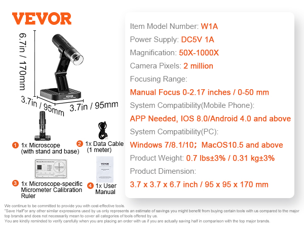 VEVOR wireless digital microscope with 50x-1000x magnification, 2mp camera, and manual focus.
