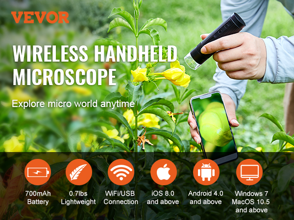VEVOR wireless digital microscope in use on a plant, connected to a smartphone screen.