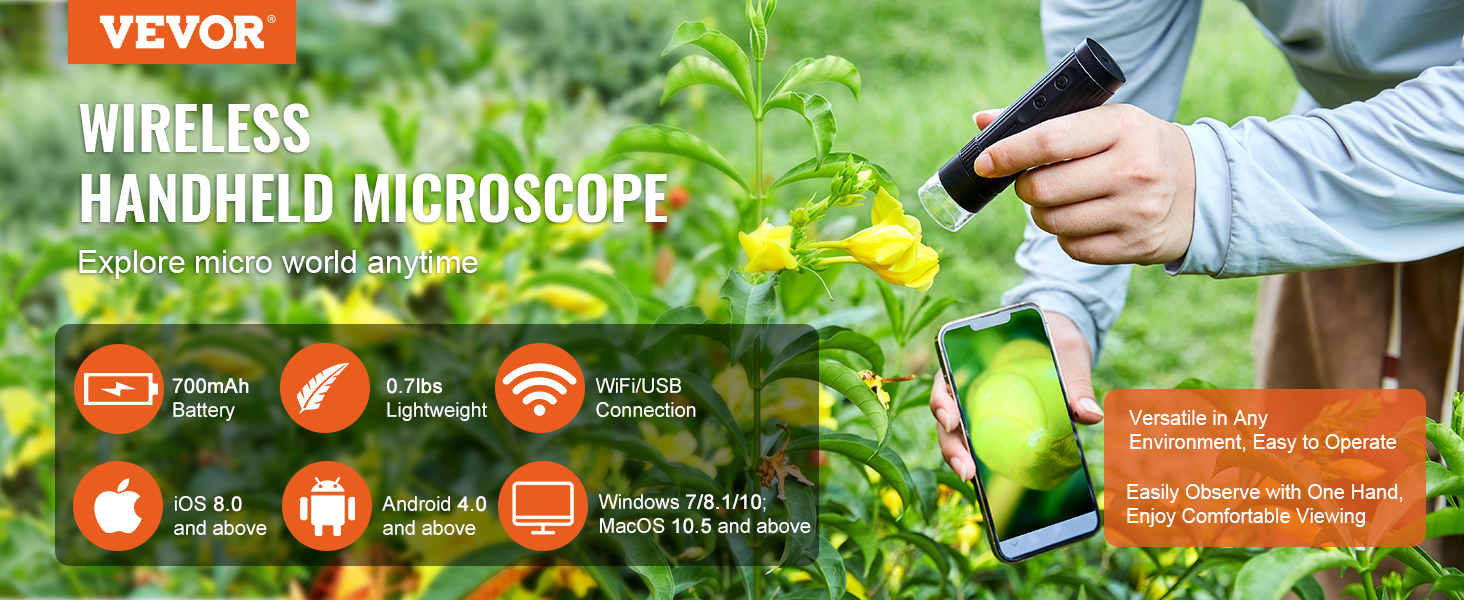 VEVOR wireless digital microscope in use on a plant, connected to a smartphone screen.