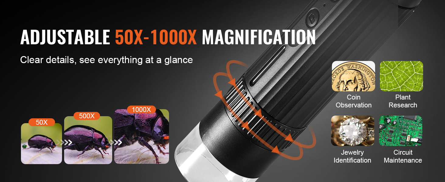 VEVOR wireless digital microscope, 50x-1000x magnification for coins, plants, jewelry, circuits.