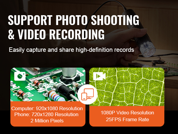 support photo and video recording with VEVOR wireless digital microscope featuring high-definition capture.
