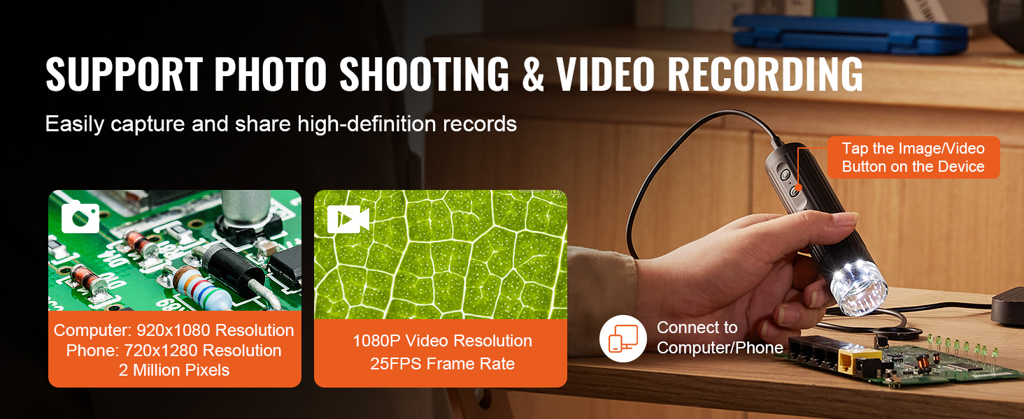 support photo and video recording with VEVOR wireless digital microscope featuring high-definition capture.