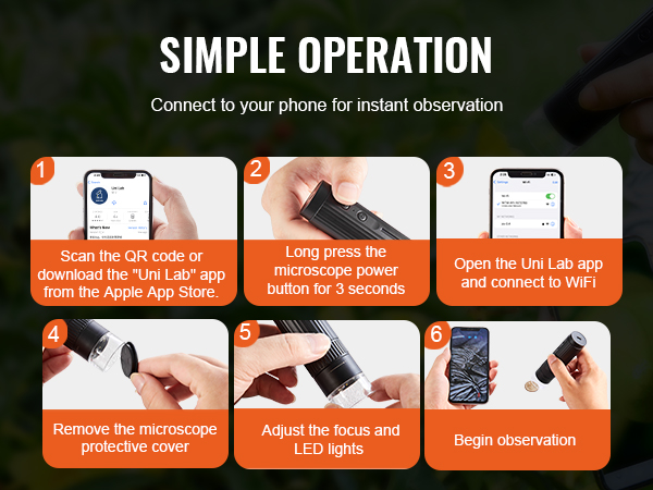 simple operation steps to connect and use the VEVOR wireless digital microscope with a phone.
