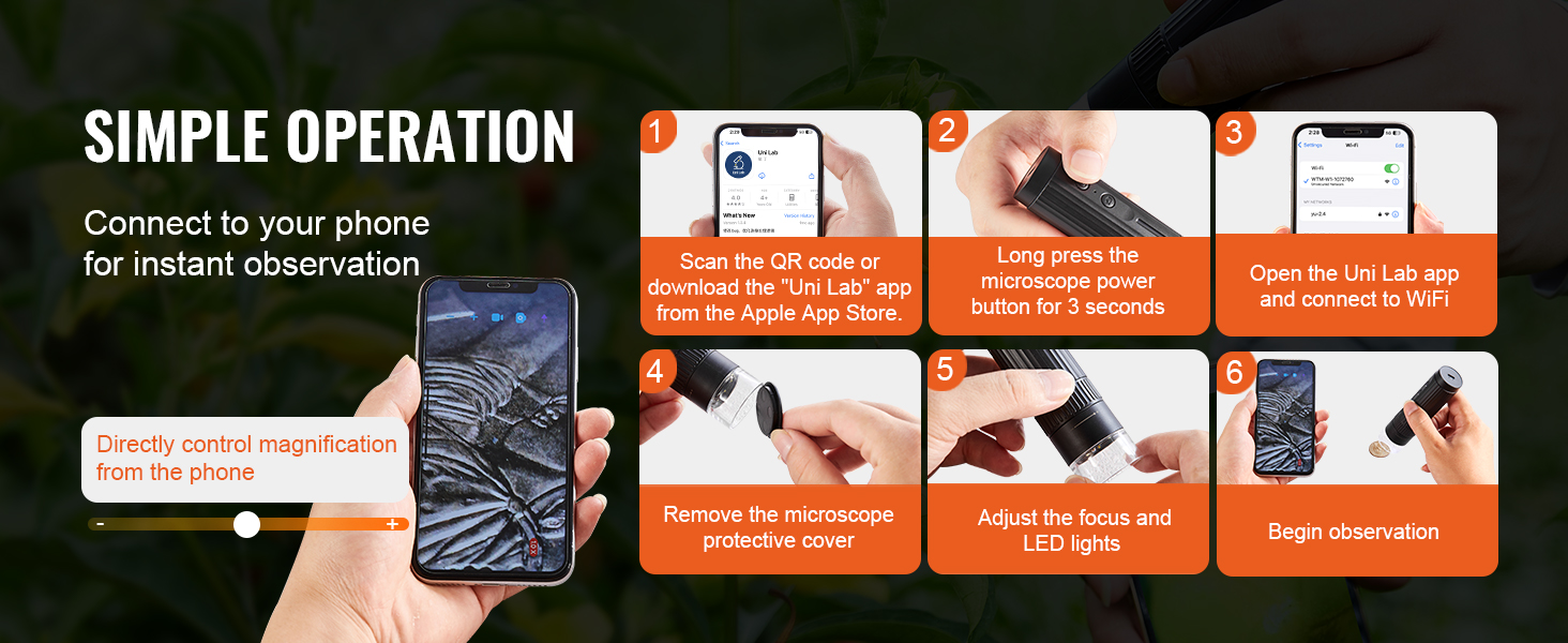 simple operation steps to connect and use the VEVOR wireless digital microscope with a phone.