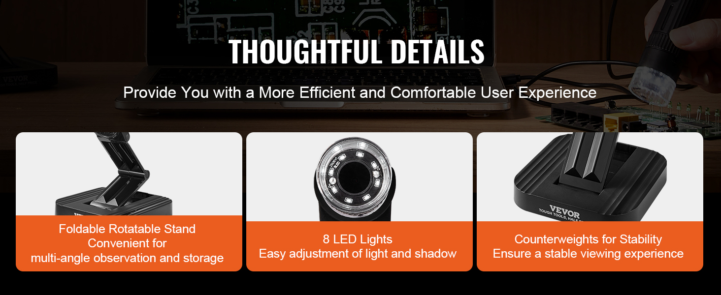 VEVOR wireless digital microscope with foldable stand, 8 led lights, and stable counterweights.