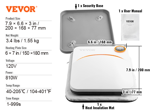 VEVOR heat press machine details with measurements, voltage, power, temp and time range, and accessories.