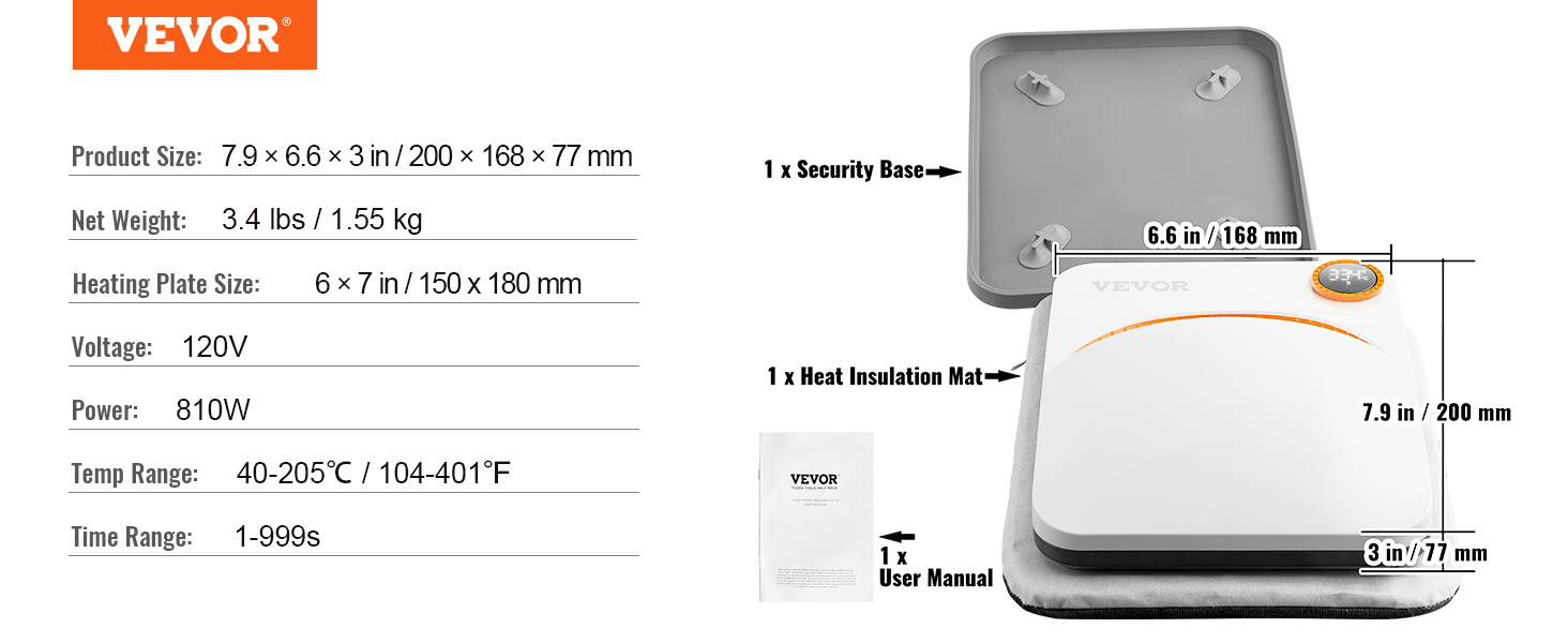 VEVOR heat press machine details with measurements, voltage, power, temp and time range, and accessories.