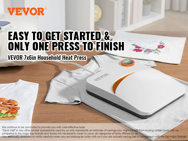 VEVOR heat press machine with t-shirt, tote bag, and pillow showcasing prints in a stylish setup.