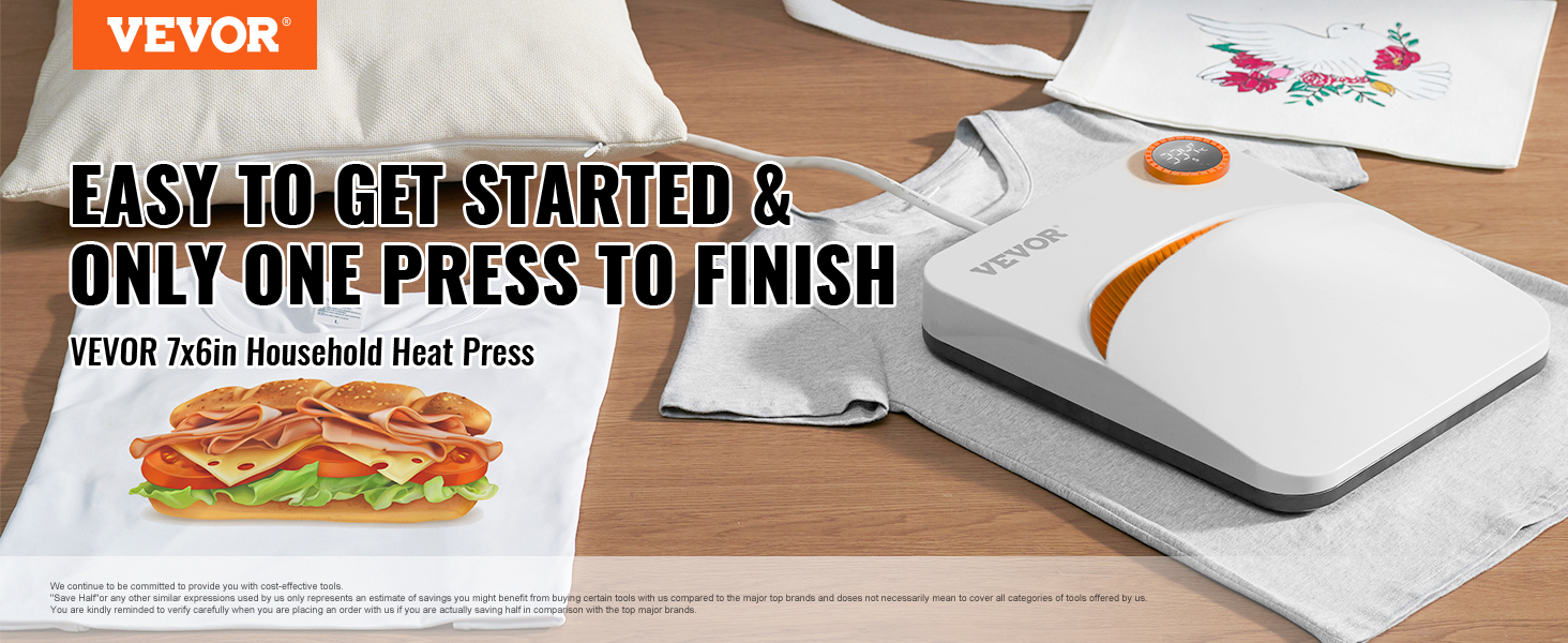 VEVOR heat press machine with t-shirt, tote bag, and pillow showcasing prints in a stylish setup.