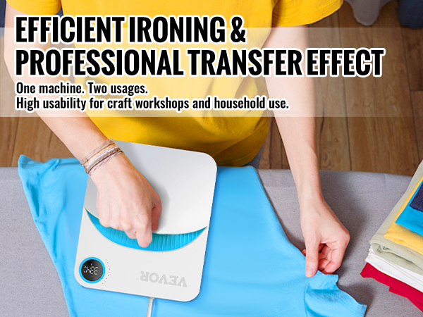 asmuo, naudojantis VEVOR šilumos spaudos mašina ant mėlynos spalvos marškinėliai su sulankstyti drabužius fone.