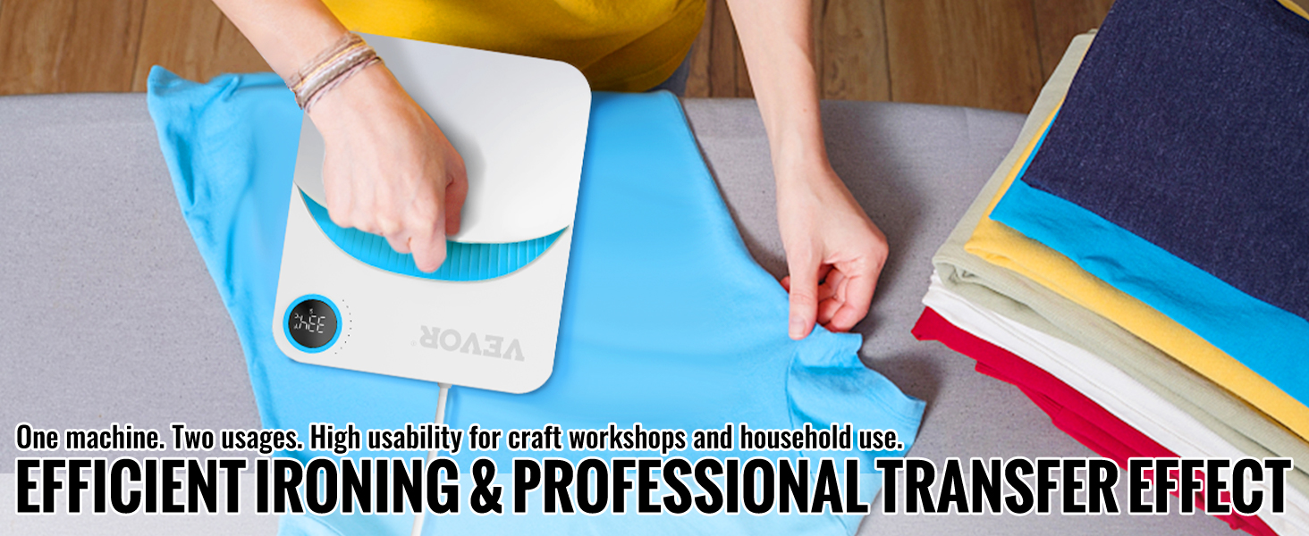 asmuo, naudojantis VEVOR šilumos spaudos mašina ant mėlynos spalvos marškinėliai su sulankstyti drabužius fone.