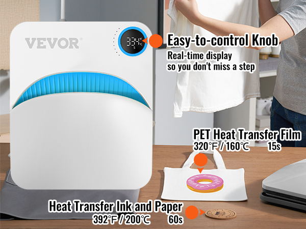 VEVOR šilumos spauda mašina su paprasta valdymo rankenėlė, temperatūros ekranas, ir naminių gyvūnėlių šilumos perdavimo pavyzdžiai.