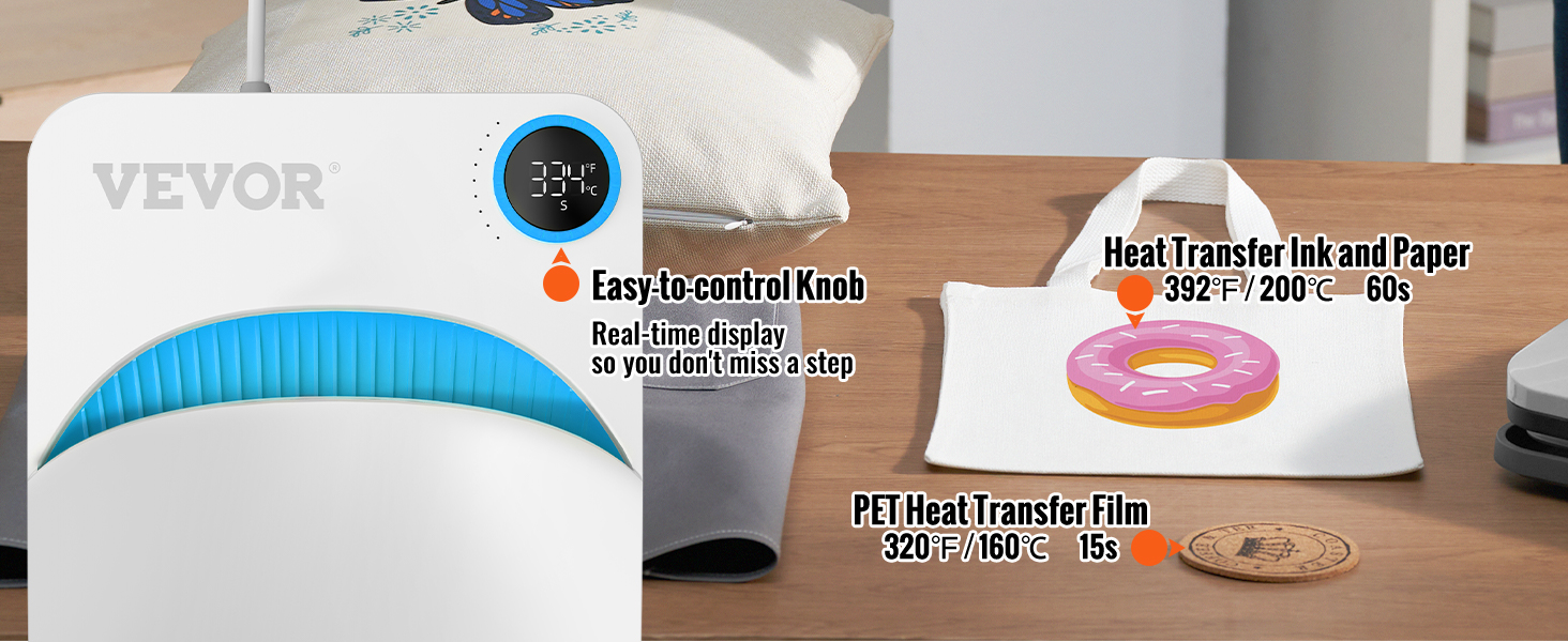 VEVOR šilumos spauda mašina su paprasta valdymo rankenėlė, temperatūros ekranas, ir naminių gyvūnėlių šilumos perdavimo pavyzdžiai.