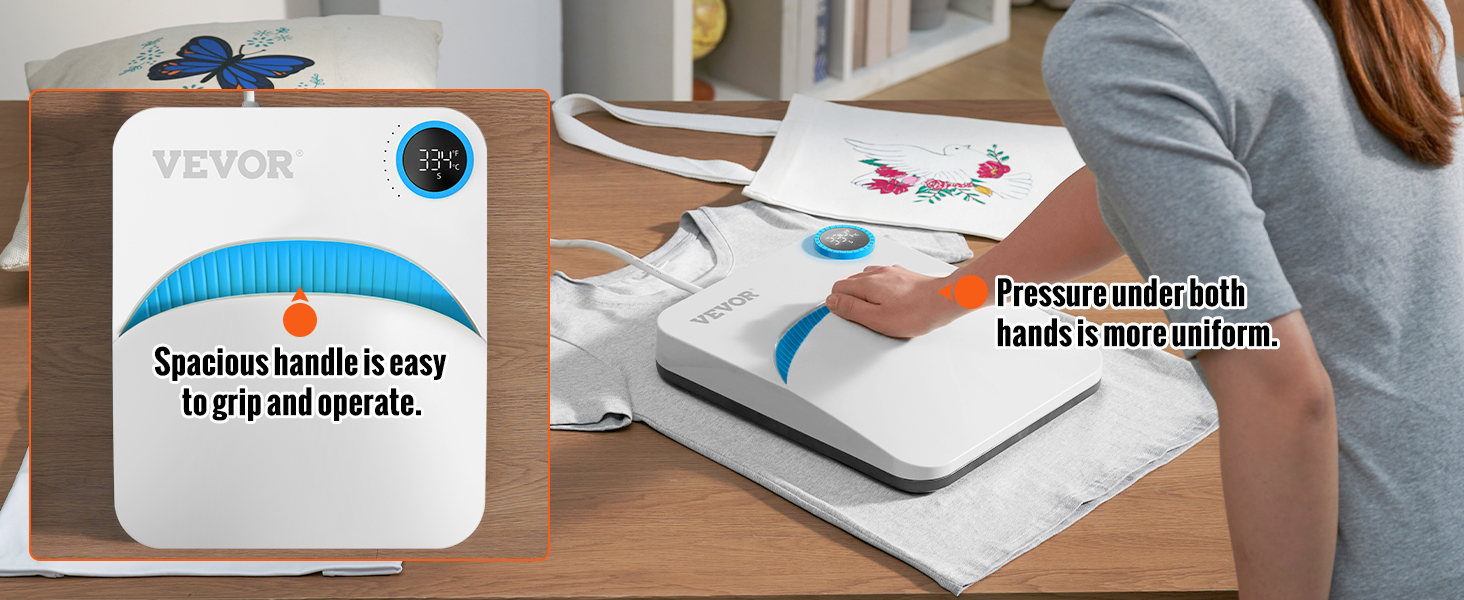 VEVOR šilumos spaudos mašinos naudojimo su erdvus rankena, lengvai rankena, naudojami ant t-shirt vartotojas.