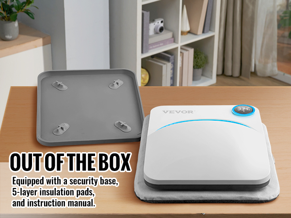 VEVOR šilumos spaudos mašina ant stalo su saugumo bazė, izoliacija pagalvėlės, ir instrukcijoje.